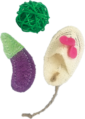 AE Cage Company Nibbles Loofah Assortment (Eggplant, Ball & Mouse) Chew Toys