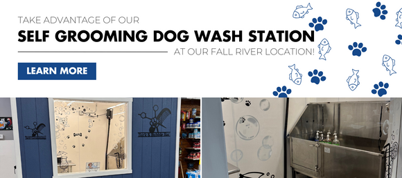 Promotional banner for a self-grooming dog wash station at the Fall River location. The banner features bold text announcing the service, a 'Learn More' button, and decorative blue paw prints and fish graphics. Below, three images showcase the dog wash station, including a blue exterior wall with grooming-themed signage, a well-lit washing area with pet-friendly decorations, and a stainless-steel wash tub with soap dispensers.