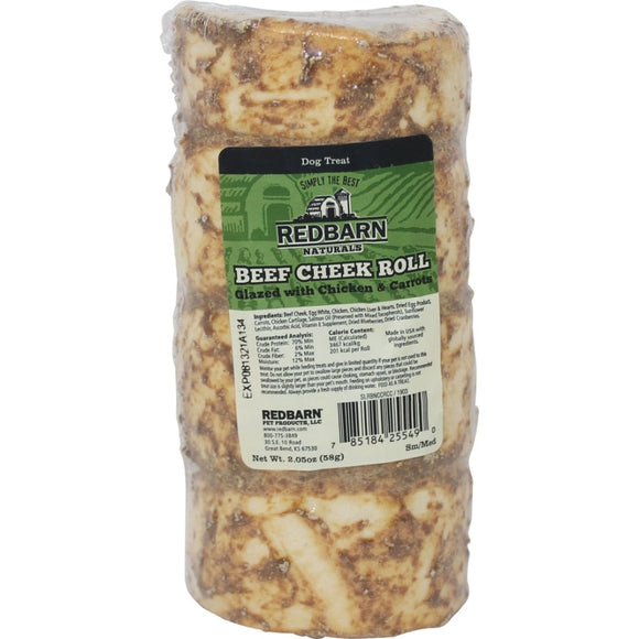 REDBARN NATURALS GLAZED BEEF CHEEK ROLL CHEW (Chicken/Carrot SM/MD)