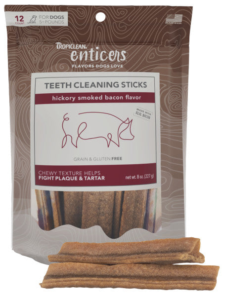 TropiClean Enticers Teeth Cleaning Hickory Smoked Bacon Flavor Sticks for Dogs (12 Ct)